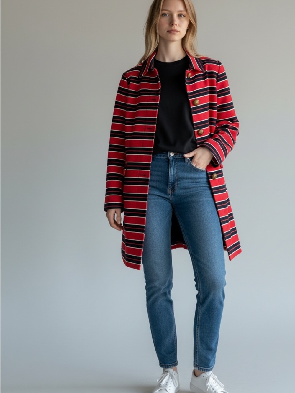 Banana Republic Women’s Red & Navy Striped Coat with Muted Gold Buttons - S